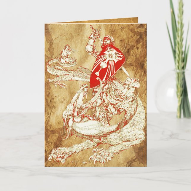 PERCEVAL WITH DRAGON,QUEST HOLY GRAIL Parchment Holiday Card (Front)