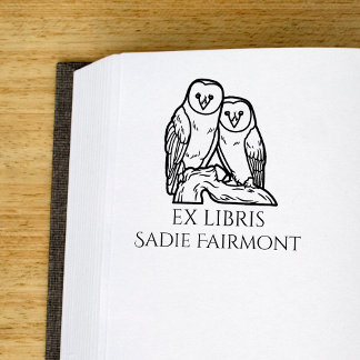 Perched Barn Owls Ex Libris Book Rubber Stamp