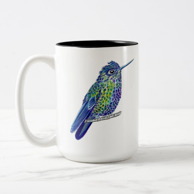Perched Blue Green and Purple Little Hummingbird Two-Tone Coffee Mug (Left)