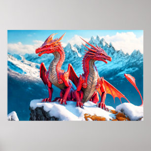 Perched Dragons Illustration Poster