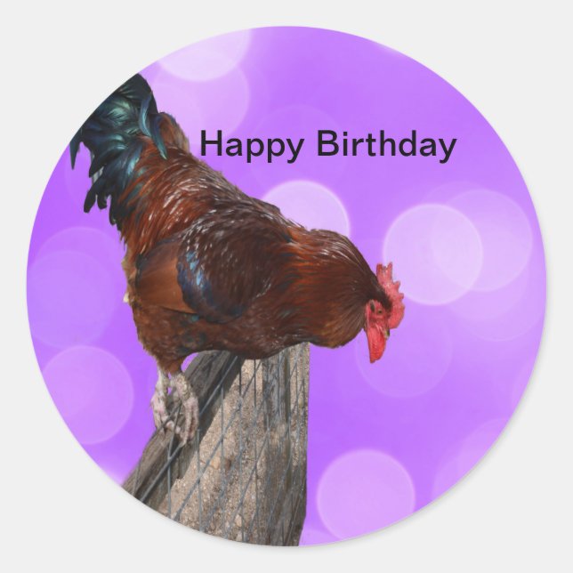 Perched in Majesty: Rooster On Dreamy Purple Glow Classic Round Sticker (Front)