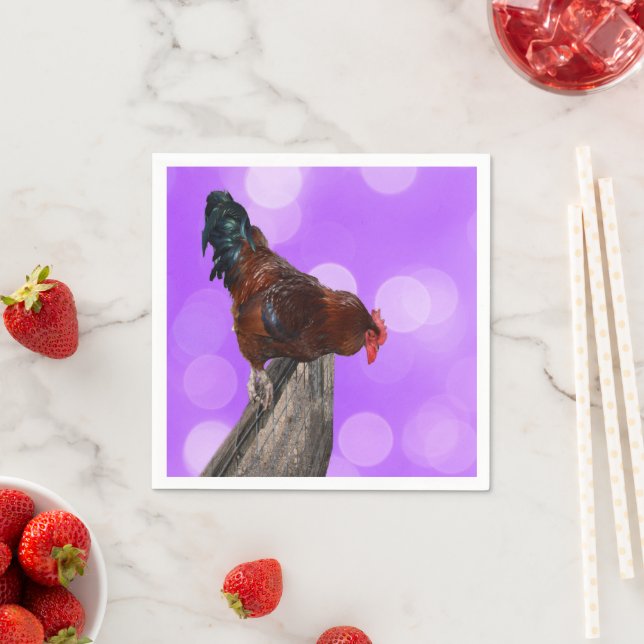 Perched in Majesty: Rooster On Dreamy Purple Glow Napkin (Insitu)