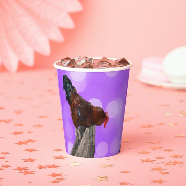 Perched in Majesty: Rooster On Dreamy Purple Glow Paper Cups (Insitu)