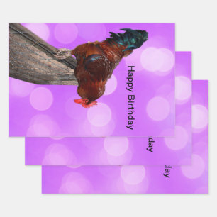 Perched in Majesty: Rooster On Dreamy Purple Glow Wrapping Paper Sheet