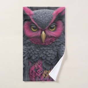 Perched Owl with Vibrant Magenta Feathers Hand Towel