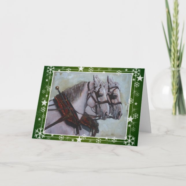 Percheron Draft Horse Christmas Card, green Holiday Card (Front)