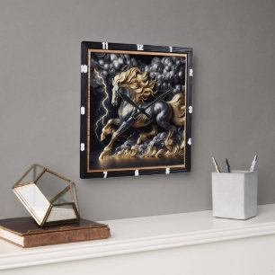 Percheron Horse Time: Gold Metal, Custom Art Storm Square Wall Clock