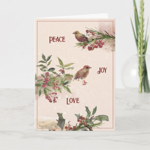 Perching Birds on Berry Branches Christmas Card