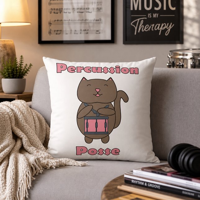 Percussion Posse - Cute Drummer Cat Cushion (A throw pillow with a cute cat playing the drums and the text percussion posse.)