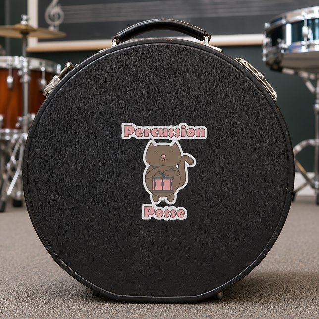 Percussion Posse - Cute Funny Drummer Cat (A die cut sticker with a snare drum playing cat and the text percussion posse.)