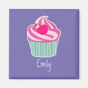 Perdonalized Pink Cupcake WIth Polka Dot Cherry Magnet