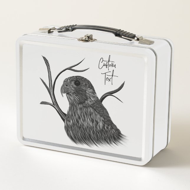 Peregrine Falcon in Tree Branches with Handwriting Metal Lunch Box (Front)