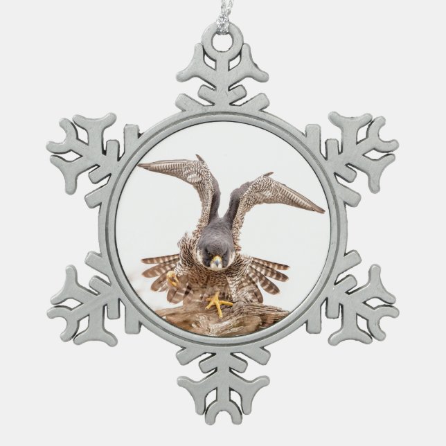 Peregrine Falcon Snowflake Pewter Christmas Ornament (Front)