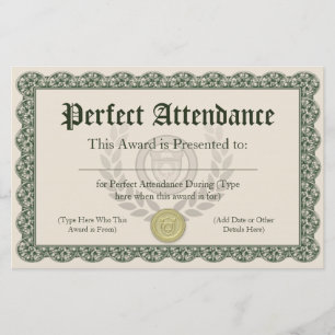 Perfect Attendance Award Certificate, Customisable