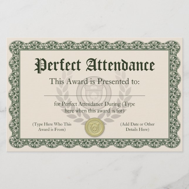Perfect Attendance Award Certificate, Customisable (Front)