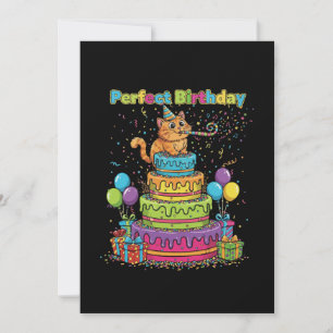 Perfect Birthday Cute Cartoon Cat on Rainbow Cake Holiday Card