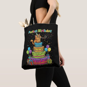 Perfect Birthday Cute Cartoon Cat on Rainbow Cake  Tote Bag