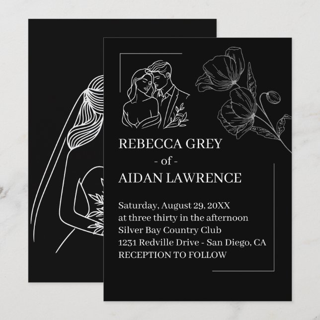 Perfect Black White Overlay Wedding  Invitation (Front/Back)