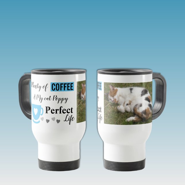 Perfect cat pet and coffee white blue photo travel mug (Creator Uploaded)
