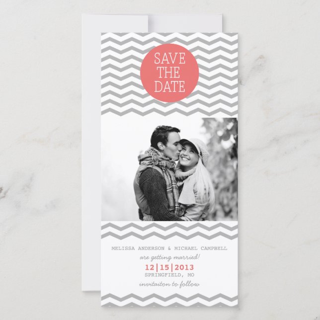 Perfect Chevron Coral & Grey Save The Date Photo (Front)