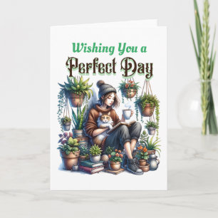 Perfect Day   Girl Reading with Cat and Plants Card