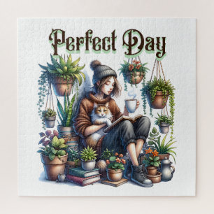 Perfect Day   Girl Reading with Cat and Plants Jigsaw Puzzle