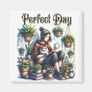 Perfect Day Girl Reading with Cat and Plants Magnet