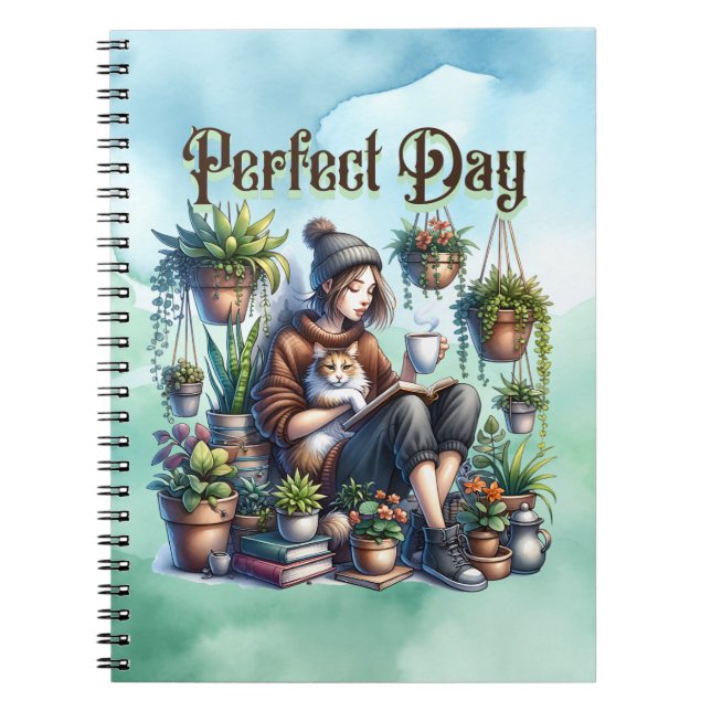Perfect Day | Girl Reading with Cat and Plants Notebook (Front)