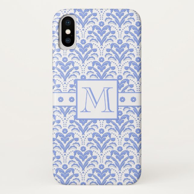 Perfect Elegance Blue and White Monogram Damask Case-Mate iPhone Case (Back)