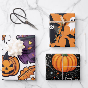 Perfect Halloween Pumpkin Witch Hat Ghosts Design  Wrapping Paper Sheet