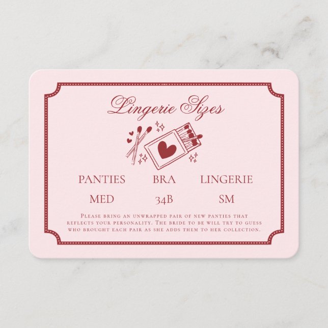 Perfect Match Made in Heaven Pink Lingerie Sizes Enclosure Card (Front)