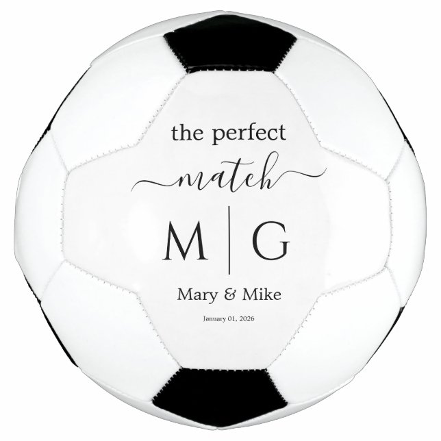 Perfect Match Monogrammed Couple Name White Soccer Ball (Front)
