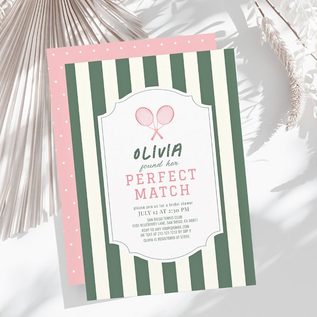 Perfect Match Tennis Green Stripes Bridal Shower Invitation (Creator Uploaded)