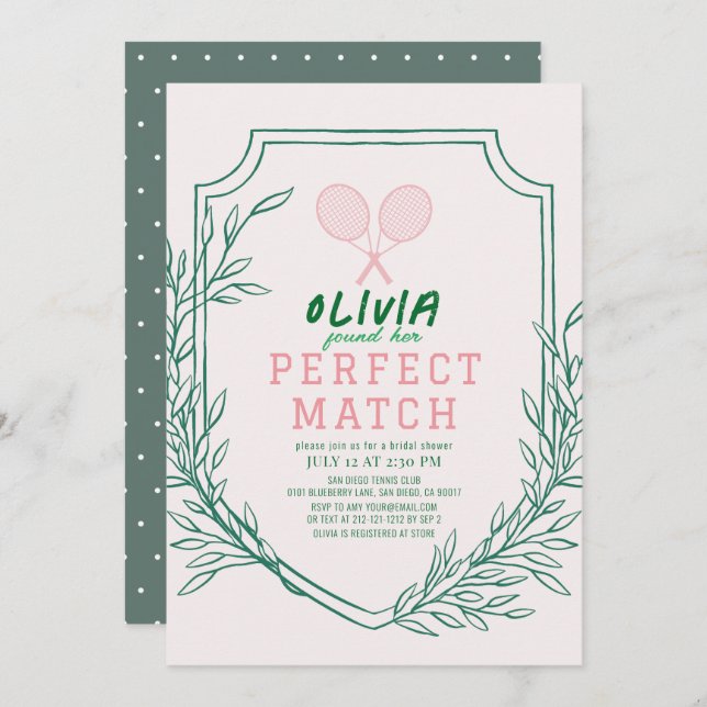 Perfect Match Tennis Retro Pink Bridal Shower Invitation (Front/Back)