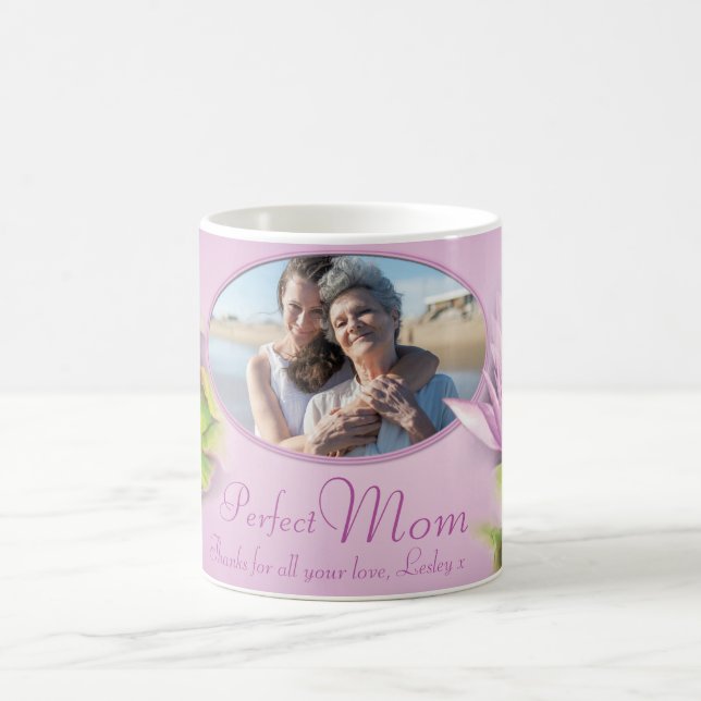 Perfect mum water lily photo and kids name mug (Center)