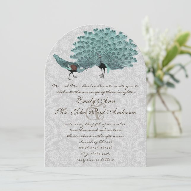 Perfect Pair Aqua Grey Peacock Metallic Elegance Invitation (Standing Front)