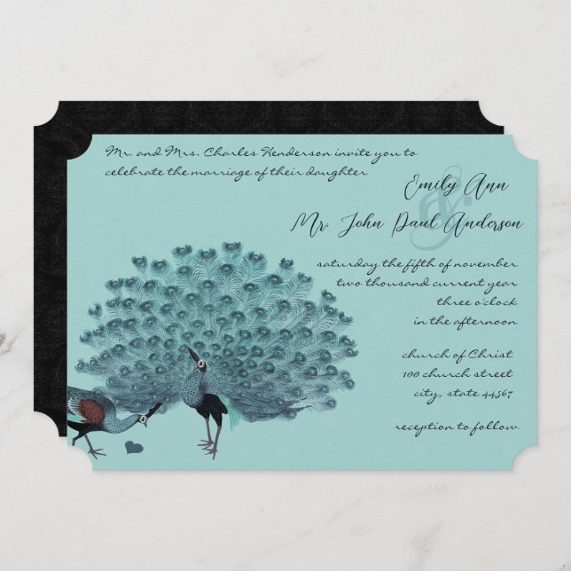 Perfect Pair Aqua Silver Peacock Metallic Elegance Invitation (Front/Back)