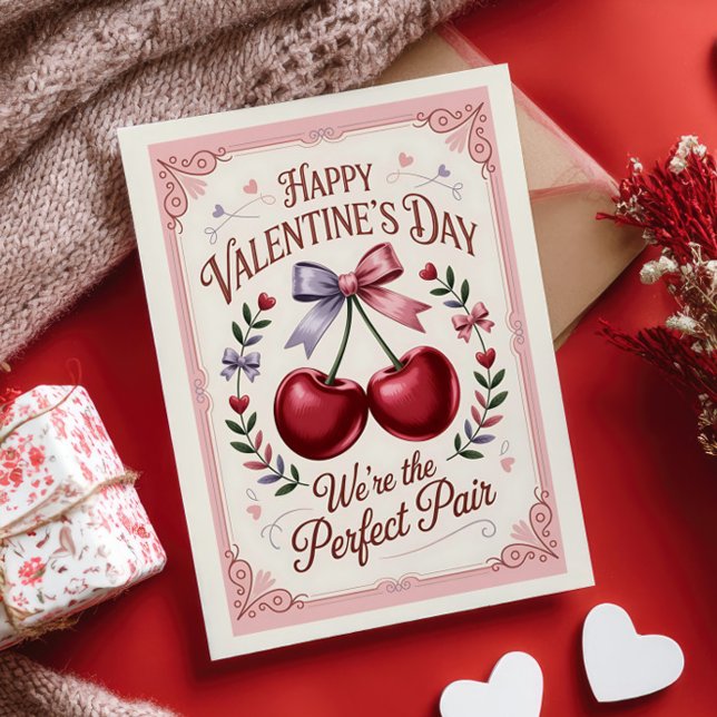 Perfect Pair Cherry Retro Happy Valentine's Day Postcard (Creator Uploaded)