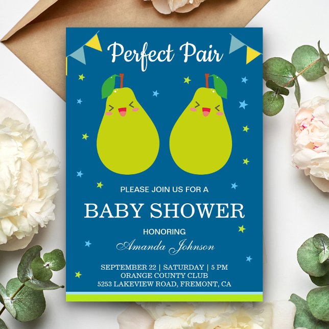 Perfect Pair Cute Pear Twin Baby Shower Invitation (Creator Uploaded)