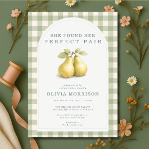 Perfect Pair Pear Gingham Green Bridal Shower Invitation