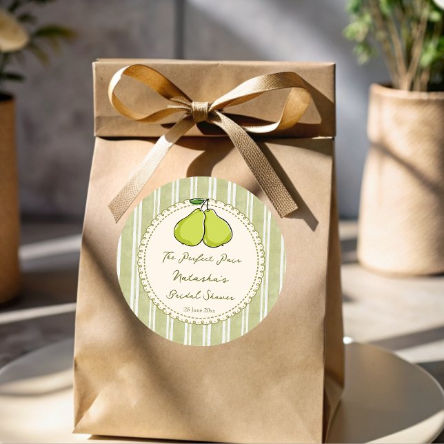 Perfect pair sage green pear bridal shower favour classic round sticker (Perfect pair sage green retro stripes pear bridal shower personalized favor classic round sticker)