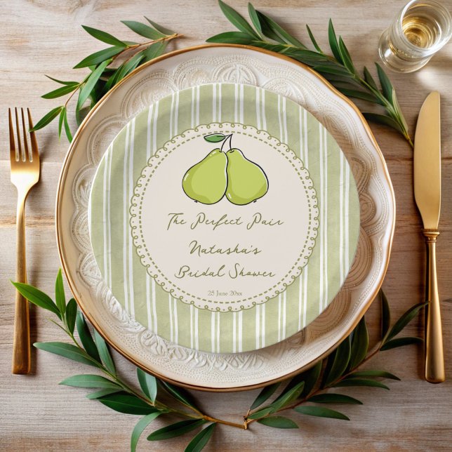Perfect pair sage green stripe pear bridal shower paper plate (Perfect pair sage retro green stripes pear bridal shower personalized printed paper plates)