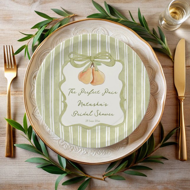 Perfect pair sage green stripe pear bridal shower paper plate (Perfect pair sage green retro stripes pear bridal shower monogrammed personalized paper plates )