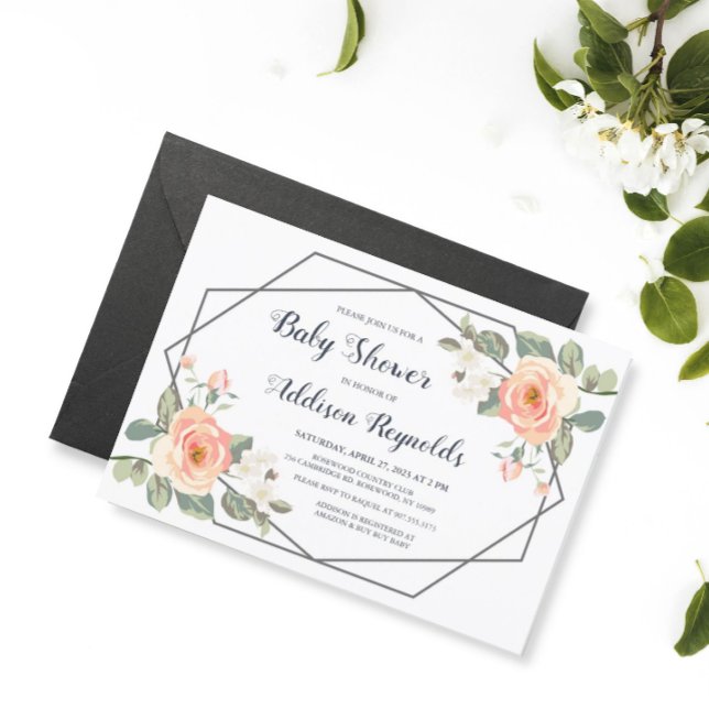 Perfect Peach Floral Geometric Frame Baby Shower Invitation (Creator Uploaded)