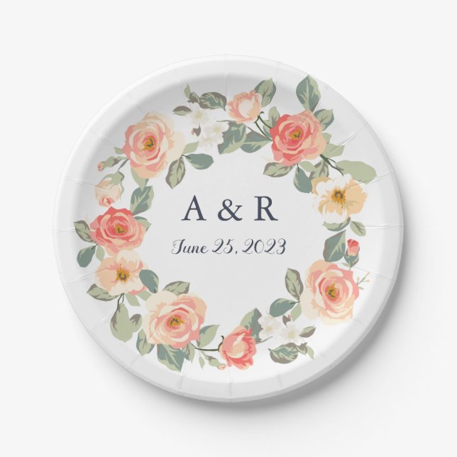 Perfect Peach Floral Wedding Paper Plate (Front)