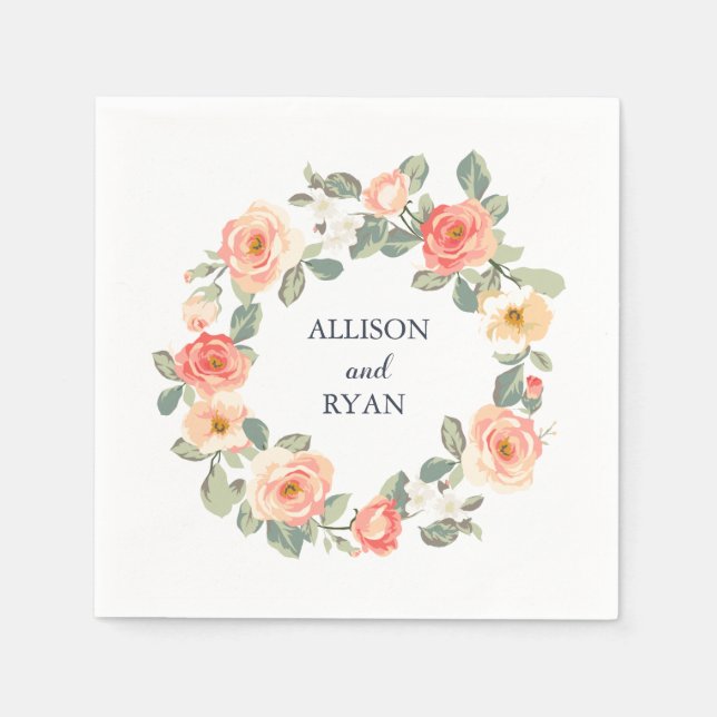 Perfect Peach Floral Wedding Reception Napkin (Front)