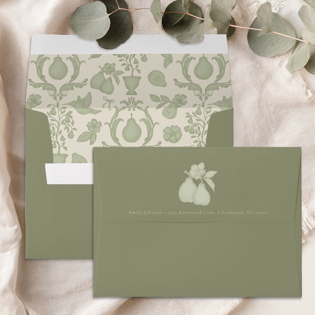 Perfect Pear Bridal Shower | Blue Damask Envelope  (Perfect Pear Sage Green Envelope)