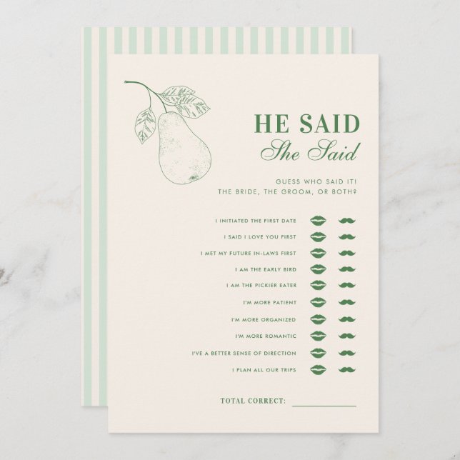 Perfect Pear He Said She Said Bridal Shower Game Invitation (Front/Back)
