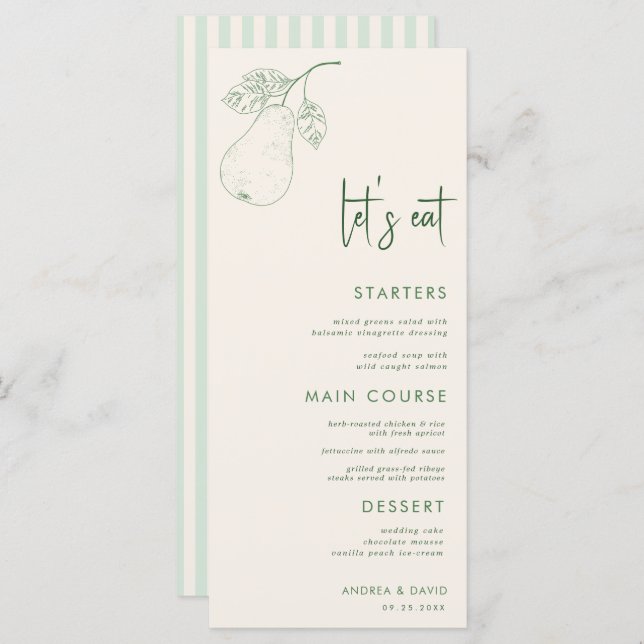 Perfect Pear Pair Theme Let's Eat Script Wedding Menu (Front/Back)