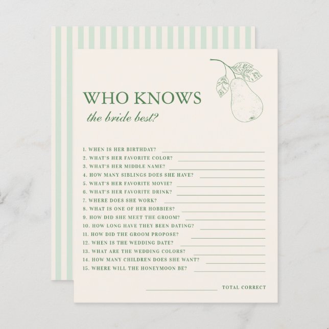 Perfect Pear Pair Who Knows the Bride Best Game (Front/Back)